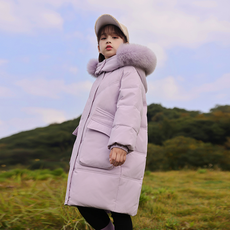 儿童中长款女童羽绒服2023新款冬装时尚中大童洋气拼色加厚外套潮