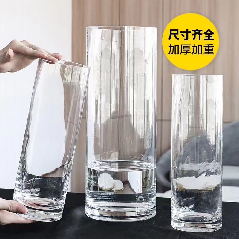 简约卧室玻璃花瓶客厅水养雪柳富贵竹马醉木插花透明直筒家居色