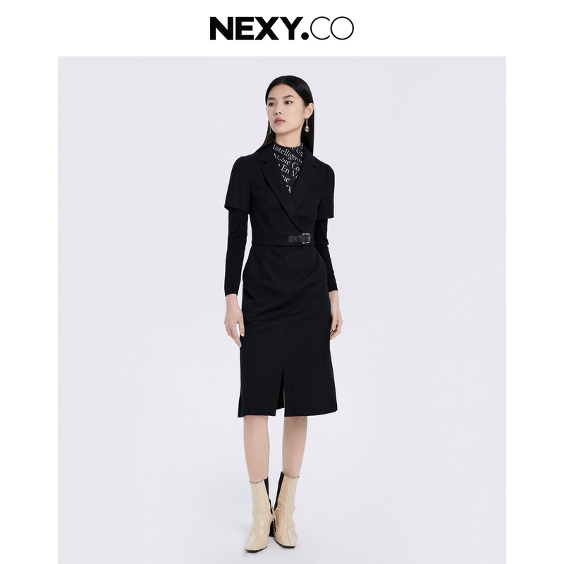 NEXY.CO/奈蔻连衣裙秋冬新款时尚秋冬修身优雅长袖中长XF03761W0