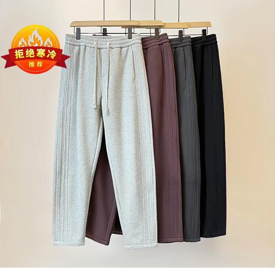 压褶立裁阔腿弯刀裤加绒加厚男卫裤美式休闲潮流宽松纯色保暖长裤