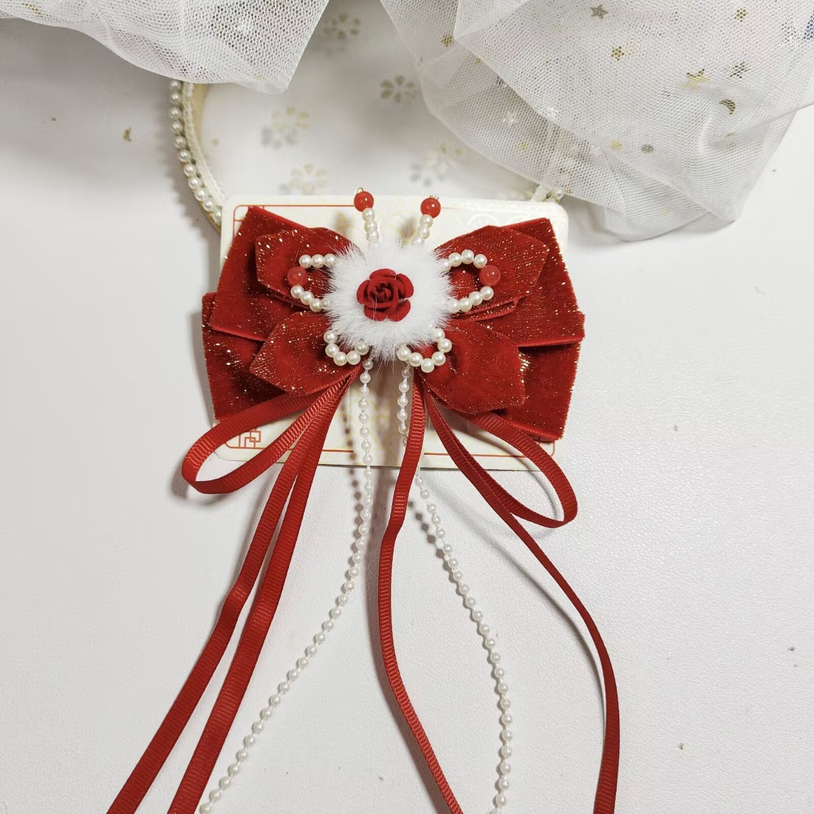 【直播补差价】新年款国风后压飘带红色蝴蝶结发夹（31-50））