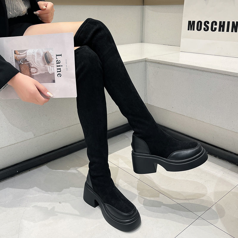 长筒过膝长靴女2023冬季厚底皮靴子女高筒靴粗跟瘦瘦女弹力靴ins