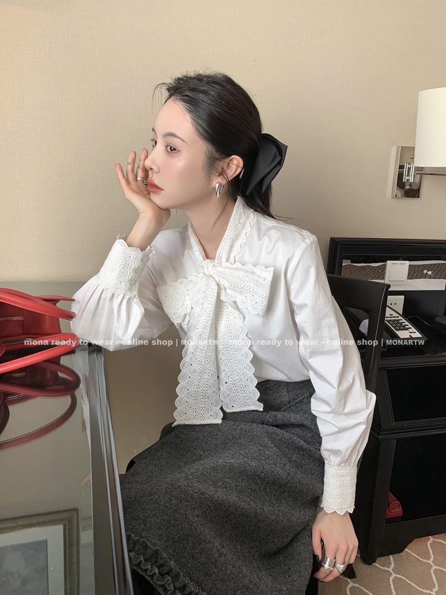 MONA 100棉法式温柔花边白色衬衫上衣女内搭设计感小众气质百搭