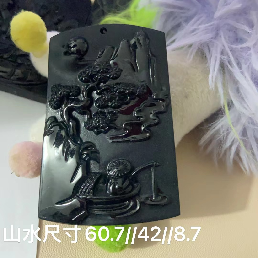 天然缅甸A货翡翠墨翠山水牌高品优选头货黑油亮大件厚装精雕时尚