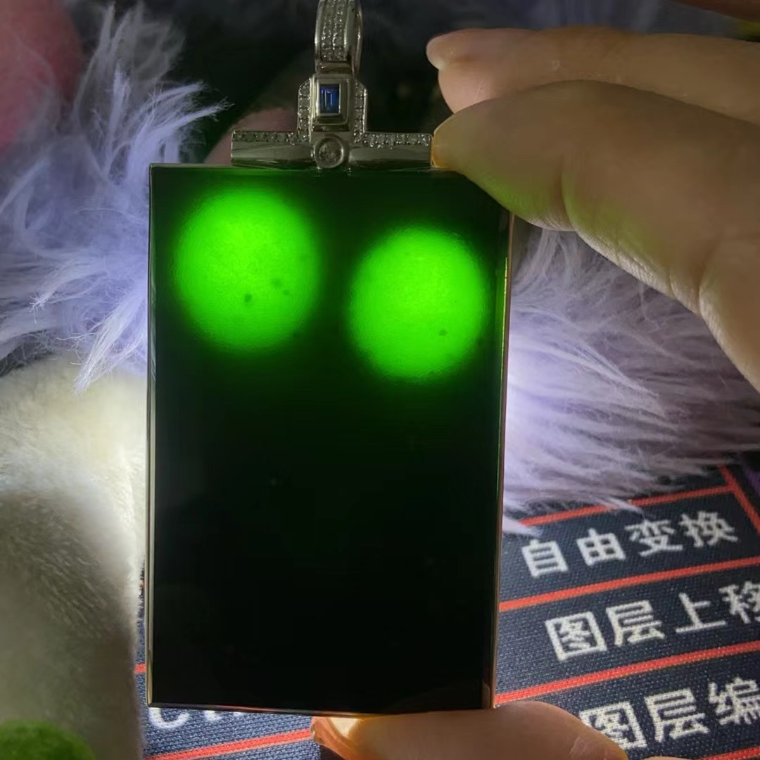 天然缅甸A货翡翠墨翠18K金镶嵌大无事牌优选头货黑油亮平安无事