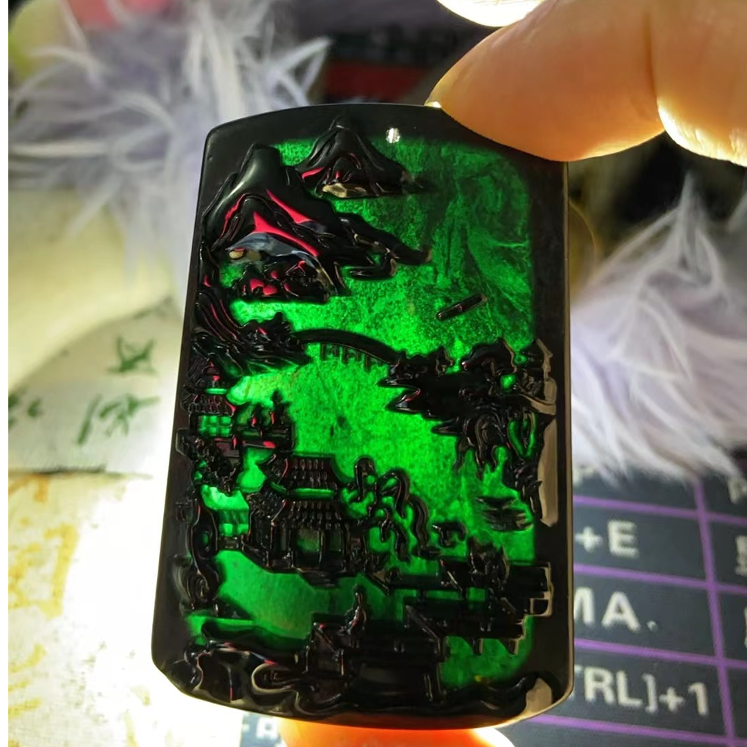 天然缅甸A货翡翠墨翠山水精品优选头货黑油亮雕刻时尚个性绿色