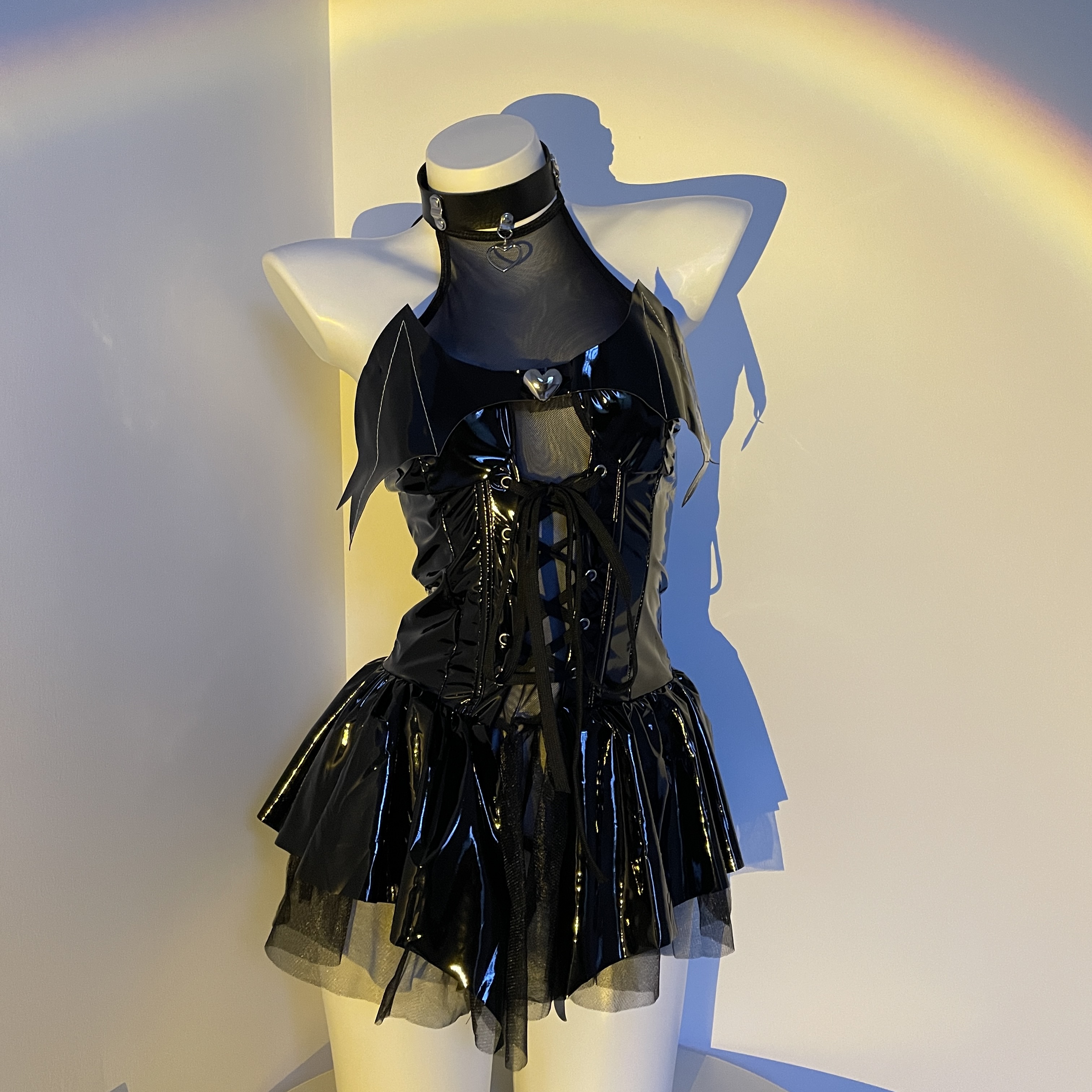 小恶魔皮裙性感亮面PU挂脖绑带短裙套装日系jk制服COS二次元女装