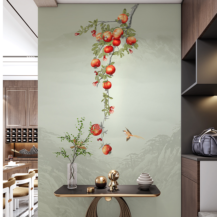 柿玄关定制刺绣壁布墙布中式刺绣背景刺绣背景墙刺绣壁布背景墙