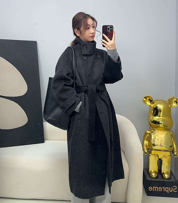 2025秋冬兔绒毛呢外套中长款呢子立领修身系带双排扣羊毛呢大衣