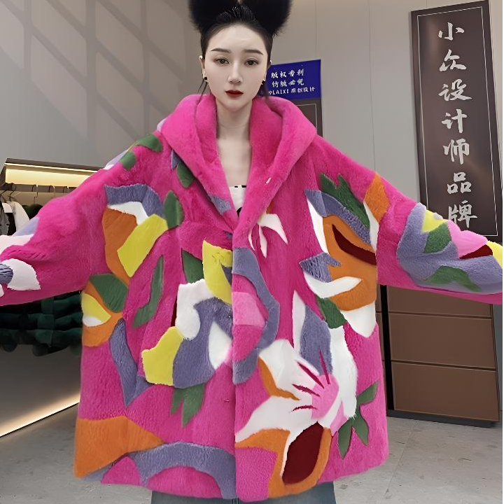 LAIXI/莱兮设计师风格重工扣花时尚气质连帽女士水貂外套衣长76CM