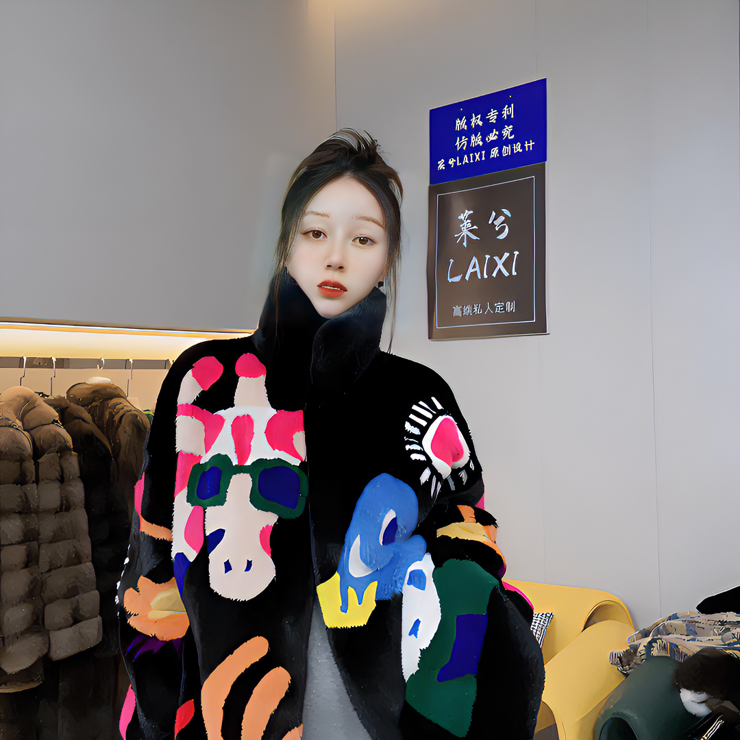 设计师原创风格重工撞色轻奢女士水貂外套  衣长68CM