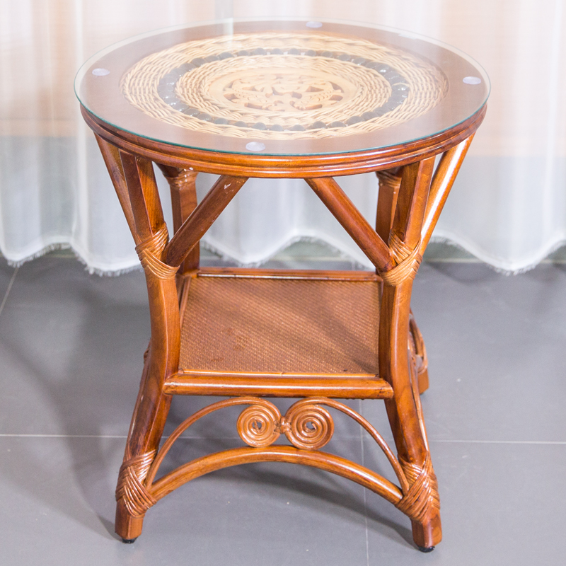 手工藤编鱼福雕刻茶几庭院圆桌阳台小茶几休闲喝茶茶几圆形藤椅