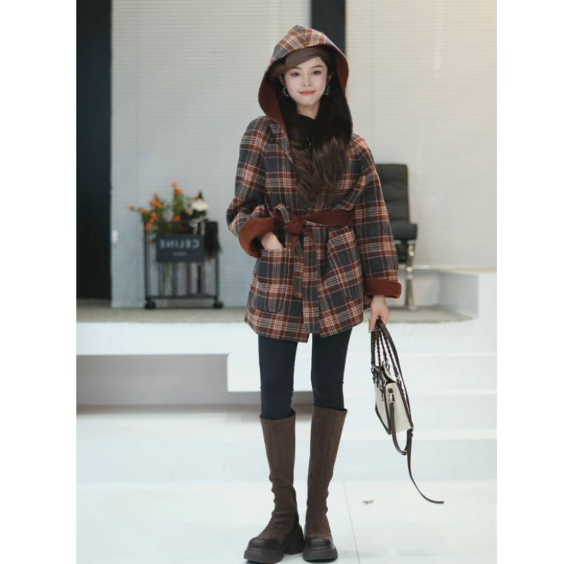 co&sheng红帽子/小个子定制秋冬新款中长款毛呢外套格子时尚百搭