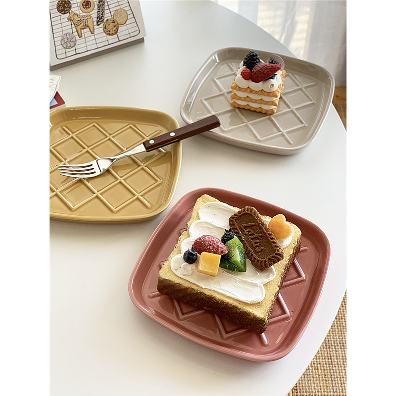 瓷奈 日式ins可爱风格纹豆腐盘家用陶瓷方盘子烤盘甜品点心早餐盘