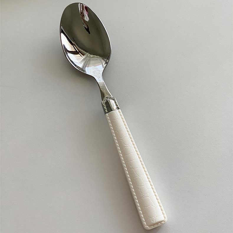ins复古简约白色不锈钢叉子甜品甜品勺勺子亚克力皮纹钢勺西餐勺
