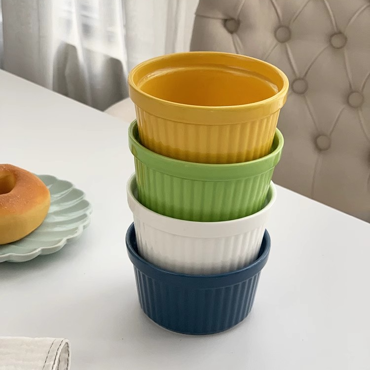 瓷奈日式沙拉碗马卡龙高温陶瓷烤碗家用竖纹双耳碗纯色甜品米饭碗
