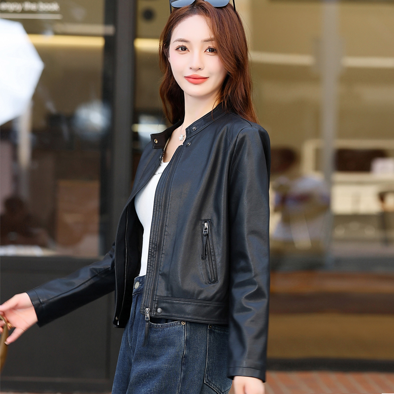 新夹棉皮衣外套女短款秋冬气质韩版显瘦立领水洗软皮机车夹克上衣