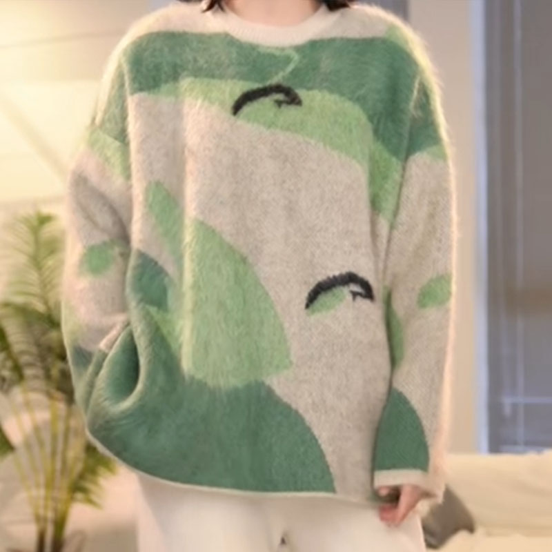 100%纯山羊绒欧货荷塘月色时尚针织拉绒工艺软糯加厚圆领纯羊绒衫