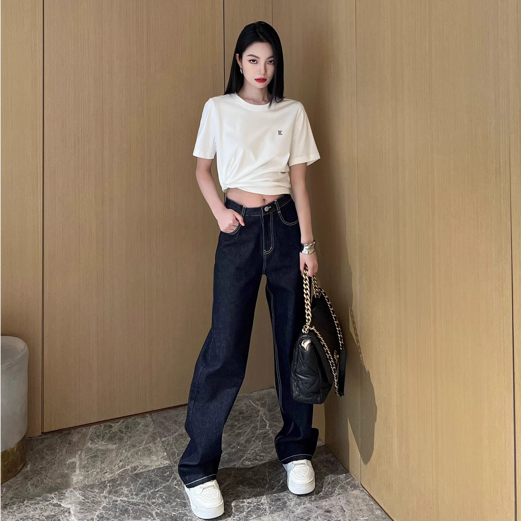 jennie同款窄版深蓝色秋冬款直筒宽松牛仔裤高腰时尚百搭小众显瘦