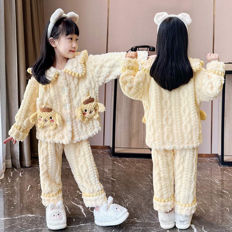 2025冬季新款儿童珊瑚绒女童睡衣加厚款中大童外穿卡通可爱家居服