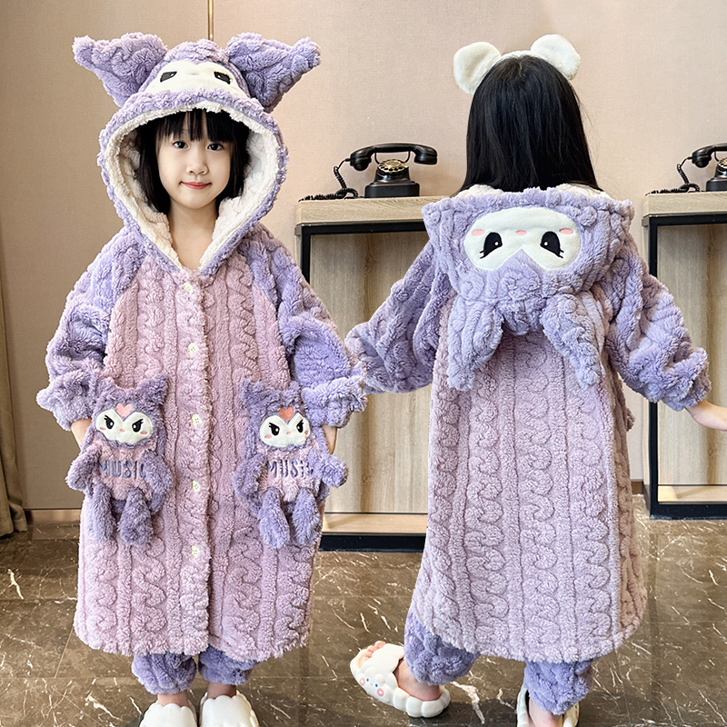 儿童睡衣冬季加绒女童珊瑚绒长款睡袍中大童小女孩洋气亲子家居服