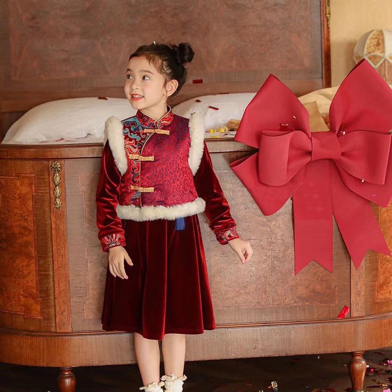 2024过年服女童冬季加绒连衣裙宝宝中国风唐装儿童拜年服元旦演出