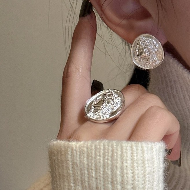 925银耳饰 【人像古币】重工钱币戒指耳钉韩系时尚简约指环秋冬新款