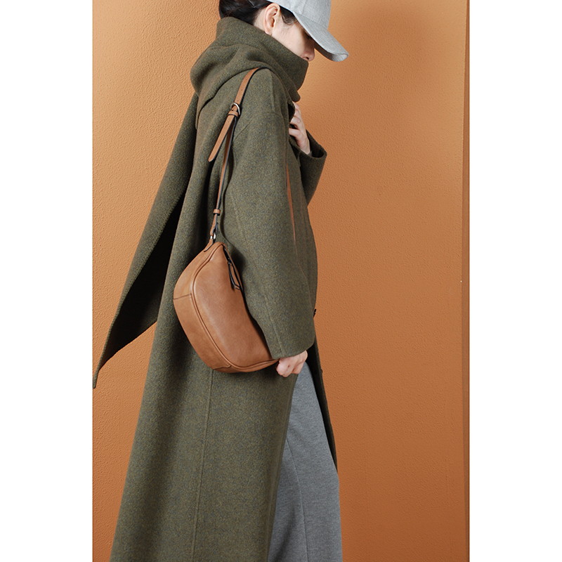 【与风萦】灰绿披肩双面尼大衣 时尚宽松毛呢中长款秋冬百搭休闲Q