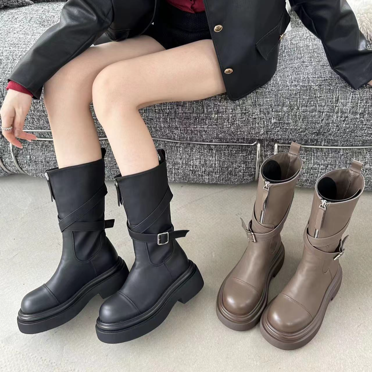 姐妹们这款要冲~厚底粗跟筒靴女气质骑士靴317160