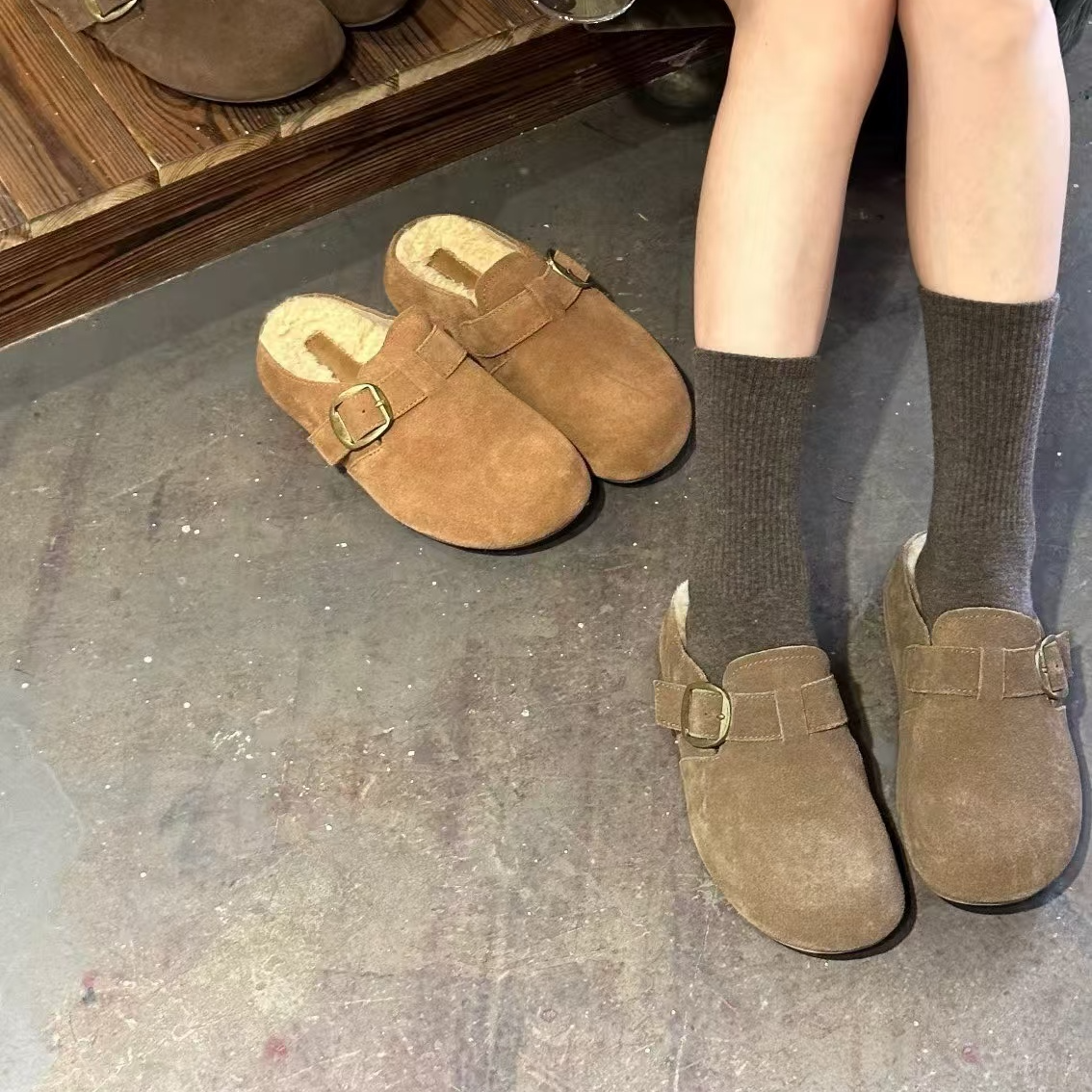 高级感牛货~！强推包头加绒勃肯懒人半拖鞋 厚底外穿毛毛棉拖鞋703