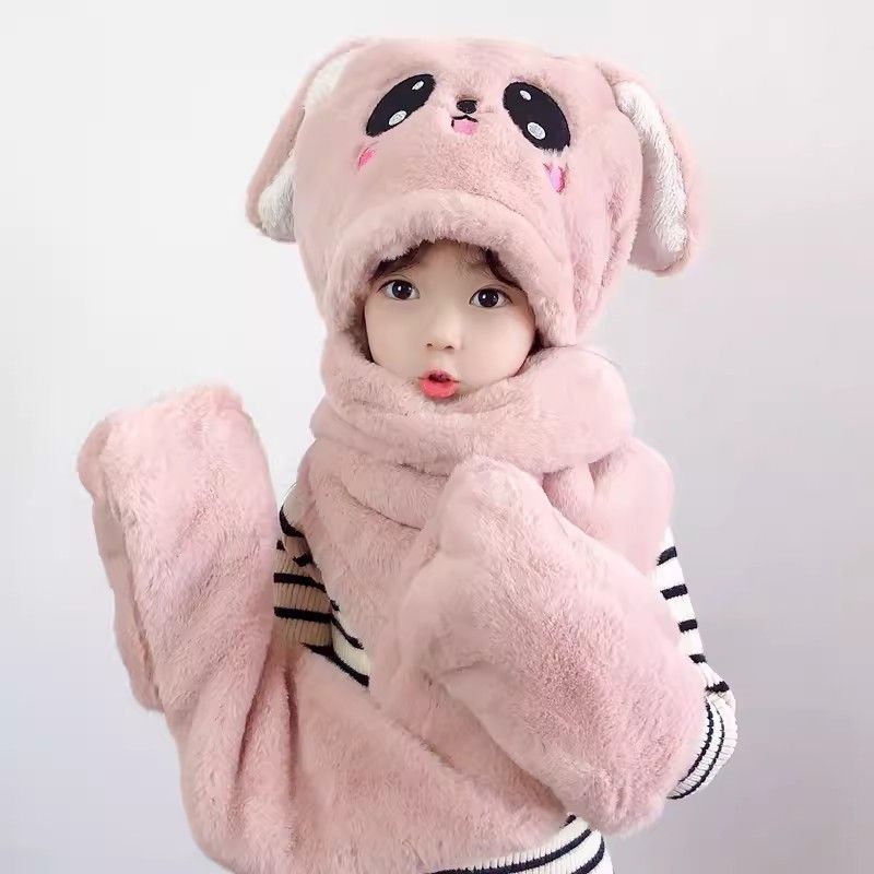 秋冬季兔子耳朵帽子骑车手套围巾一体儿童女童加绒加厚保暖帽D36