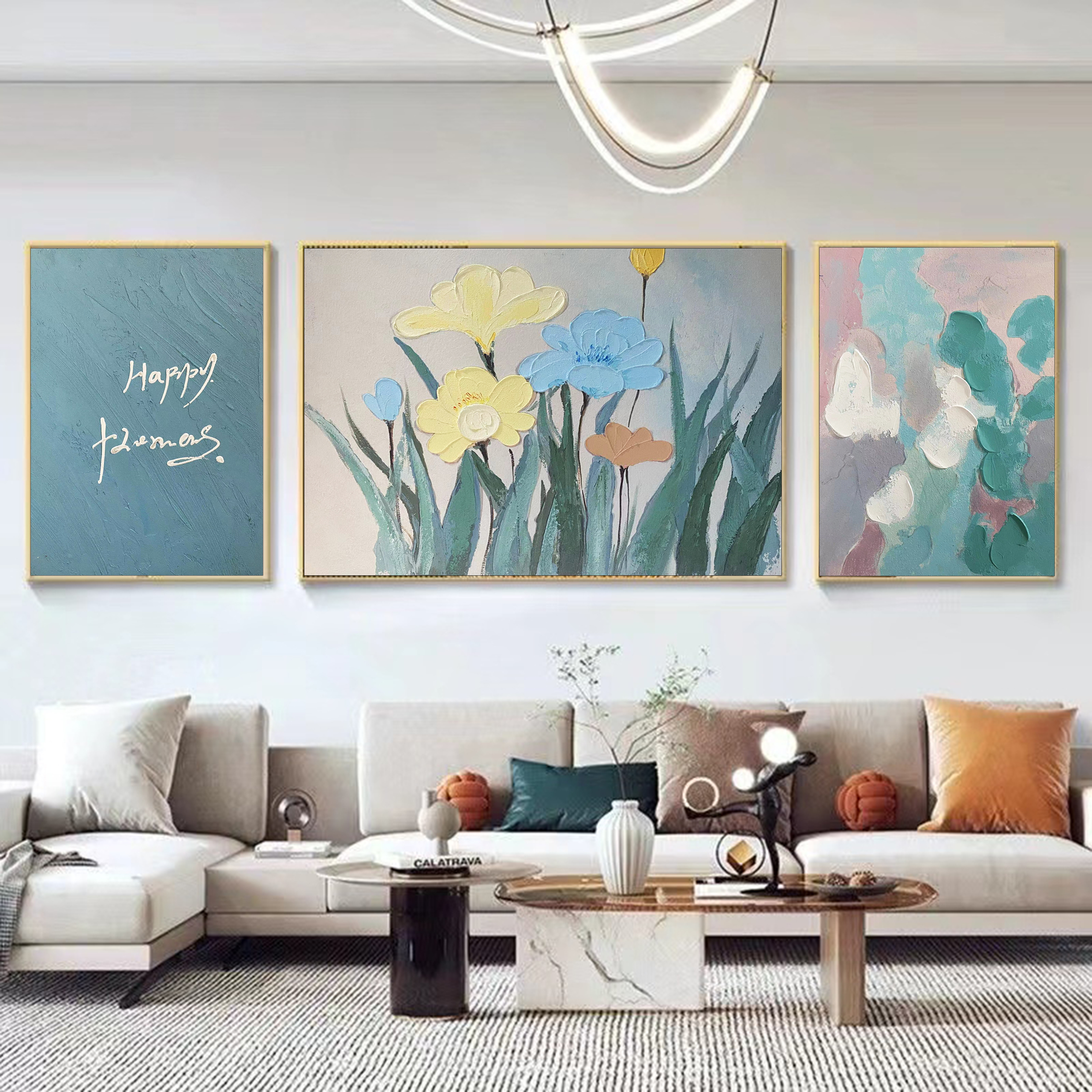 SF 244 奶油花朵客厅背景墙沙发背景挂画手绘立体油画铝合金