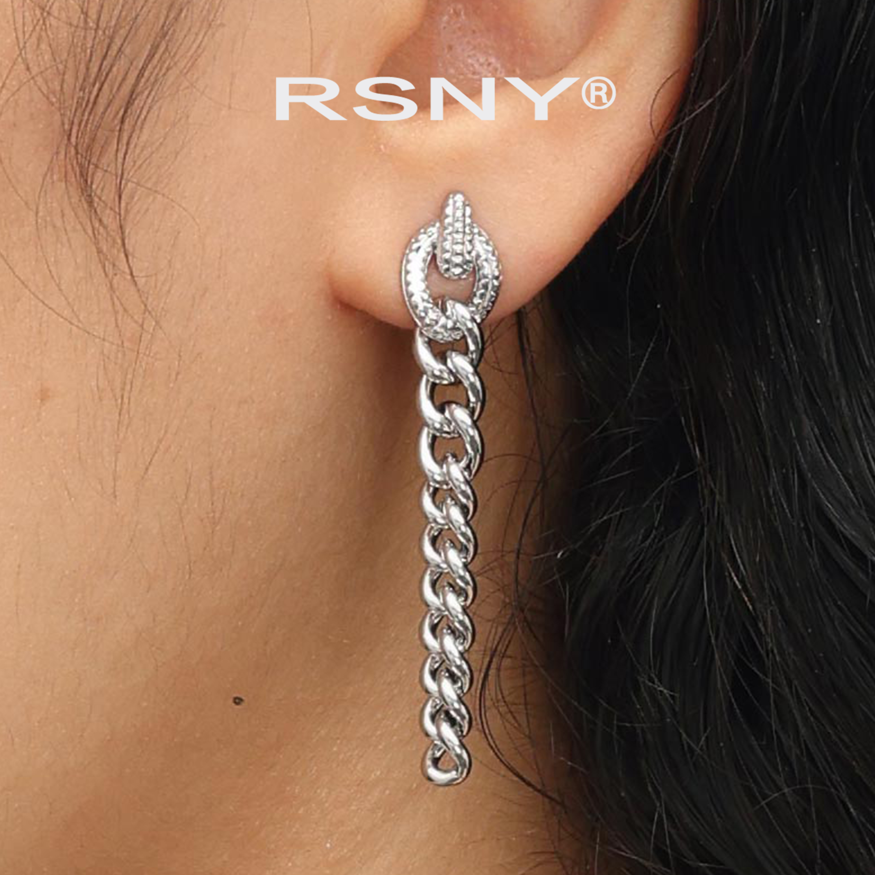 铜合金耳饰 [新品]RSNY双戴法耳环链简约设计感轻奢2025新款欧美