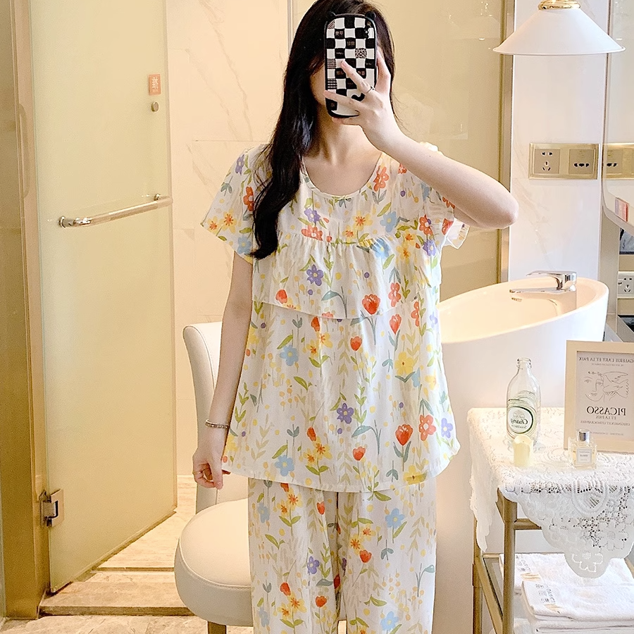 短袖长裤睡衣夏季薄款套装可外穿家居服女款棉绸睡裙绵绸睡衣女款