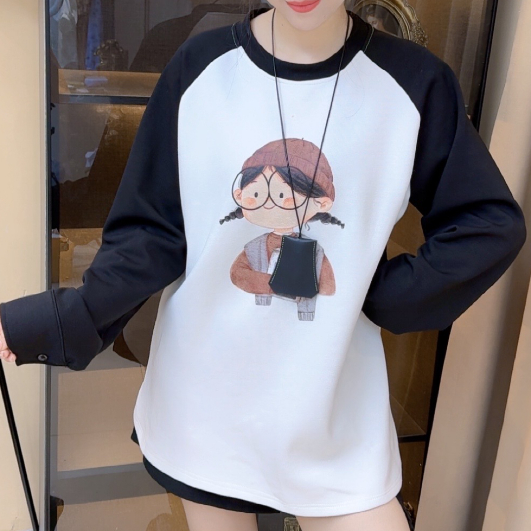 眼镜小女孩打底衫女基础内搭宽松oversize上衣秋冬插肩长袖t恤