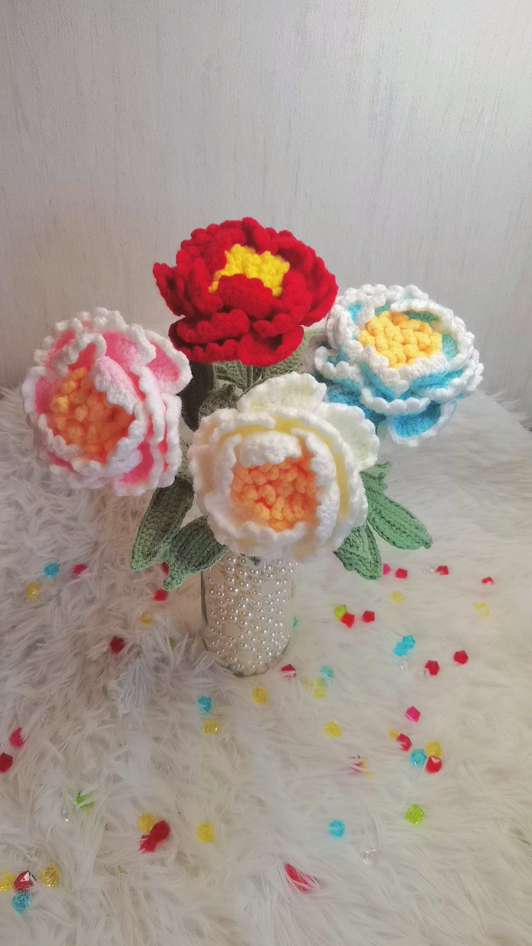 牡丹花束纯手工毛线编织永生花