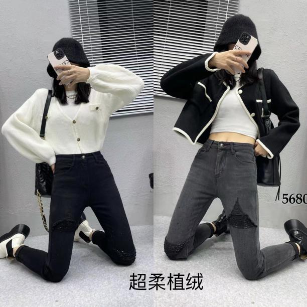 高品质中腰加绒烫钻带破洞超软高弹紧身小裤脚铅笔裤女牛仔裤裤子