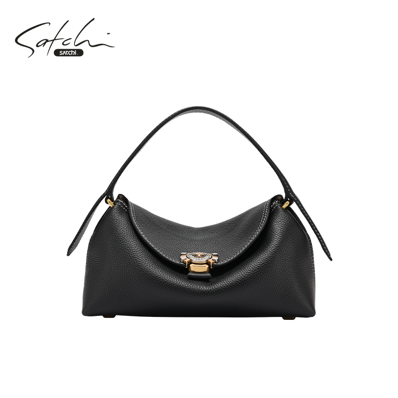 Satchi/沙驰女包牛皮革手拎包小号 轻奢小众粒面软皮通勤单肩包