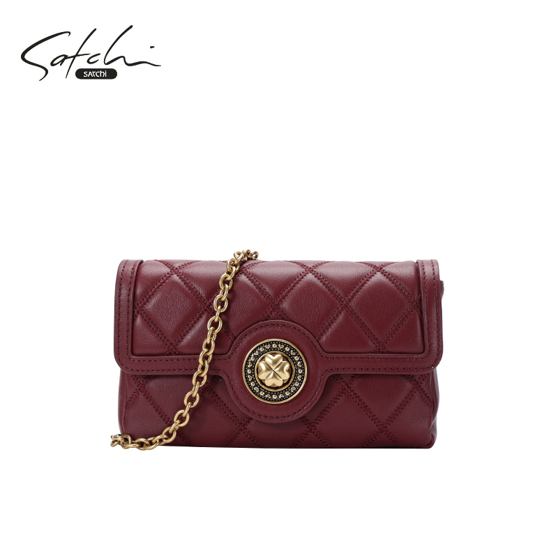 Satchi/沙驰2025新款单肩包斜跨包链条包女士菱格牛皮