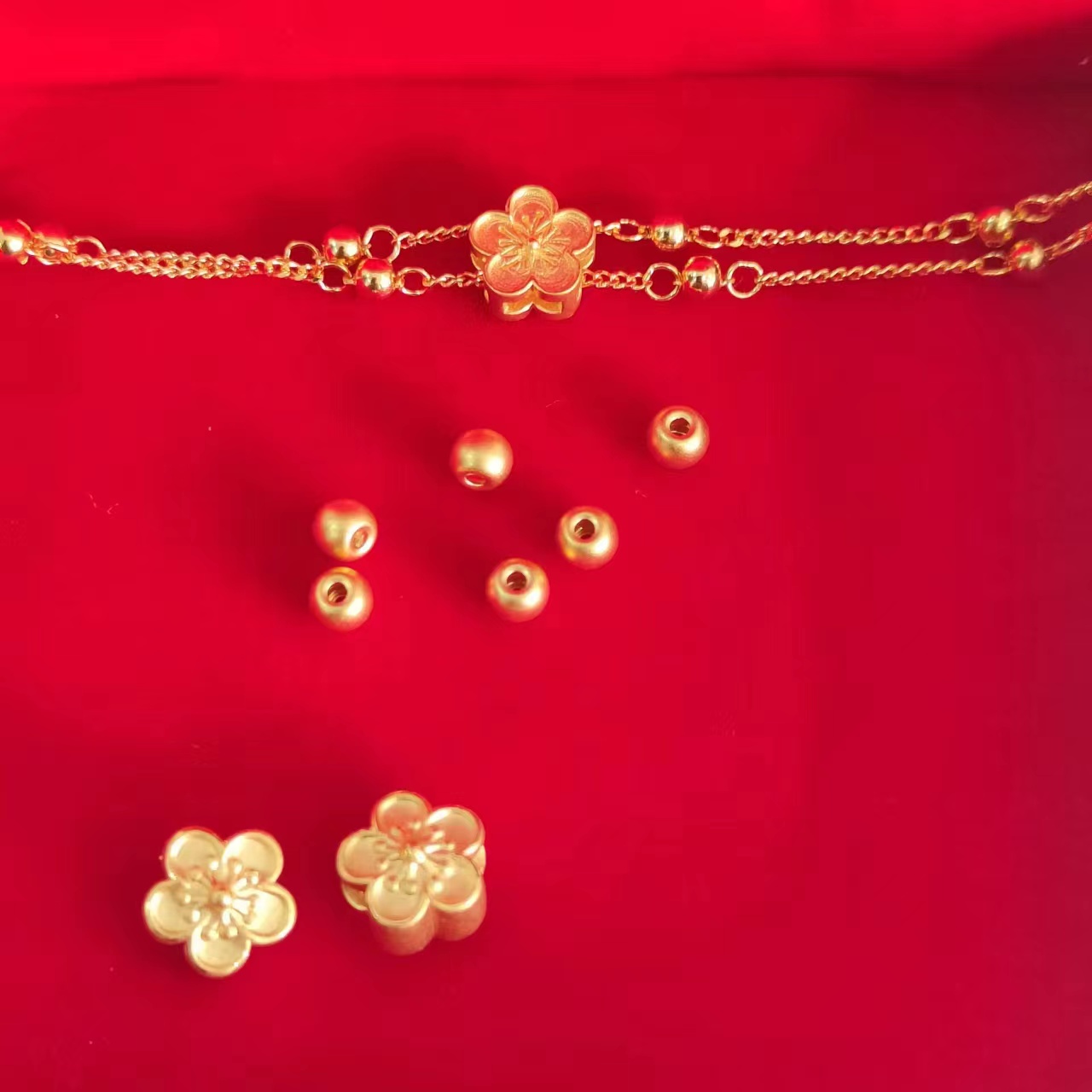 999足金桃花双链＋6颗卡四古法金珠＋2个桃花转运珠（支持定制