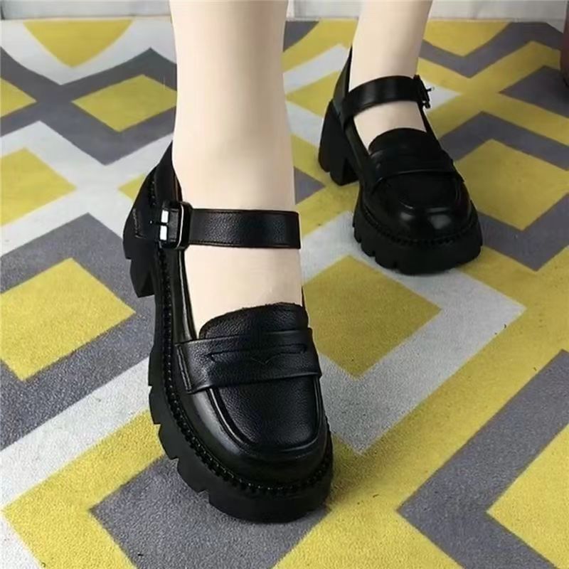 粗跟软皮女单鞋2023春季新款复古时尚妈妈鞋中跟玛丽珍厚底单鞋子