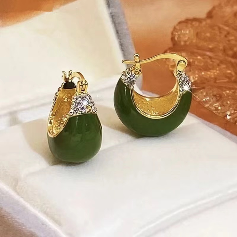 铜合金合成锆石耳饰 复古绿色滴釉耳扣女小众独特百搭减龄耳饰732