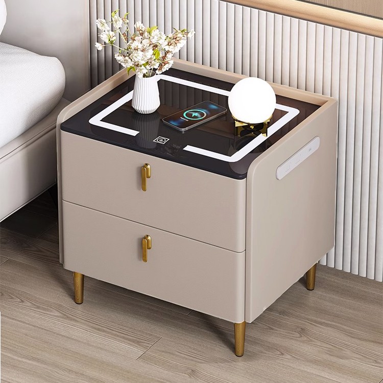 全实木加厚智能床头柜家用简约床边柜无线超窄带灯充电床头柜卧室