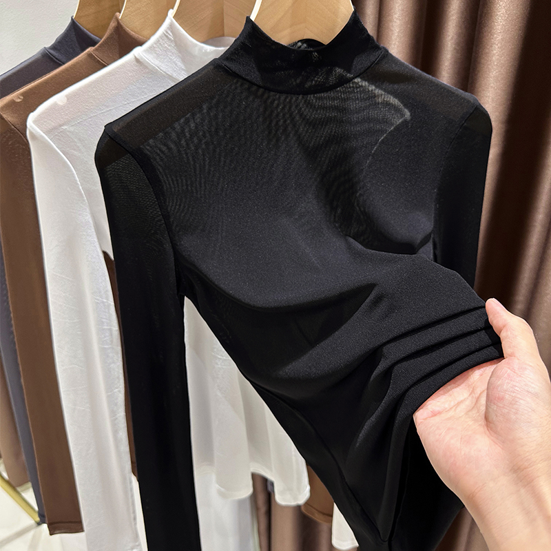 黑色高档网纱打底衫女2025秋冬新款西装内搭洋气纱衣蕾丝长袖上衣