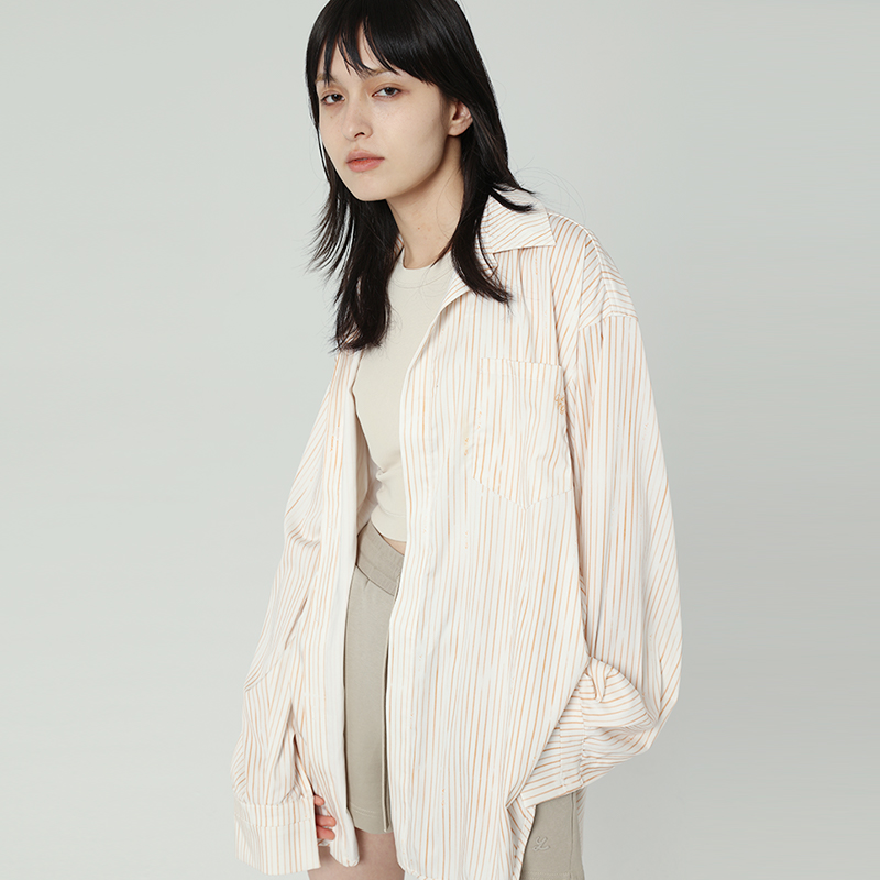 Y2NG原创做旧印花竖条纹长袖衬衫宽松显瘦落肩oversize廓形上衣