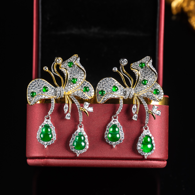 天然翡翠3132/58596葫芦吊坠型蝴蝶胸针s925银镶嵌款多样性发其一