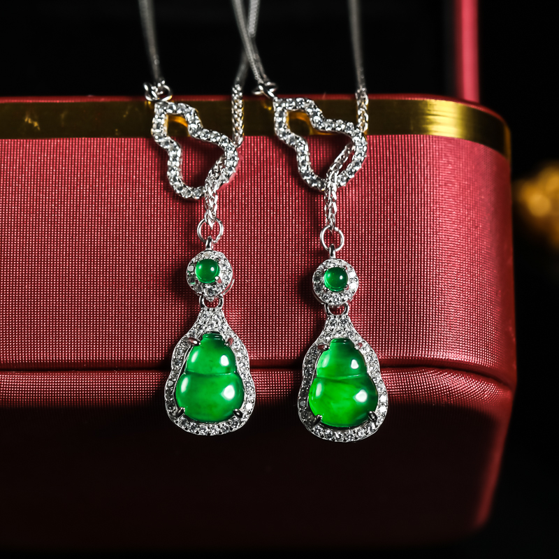 四会天然翡翠3132/36426满色葫芦锁骨链s925银镶嵌款多样性发其一