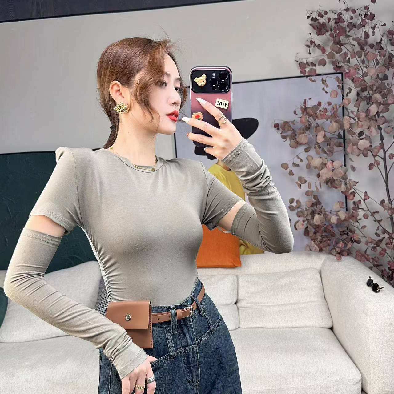 衔接袖莫代尔棉修身上衣