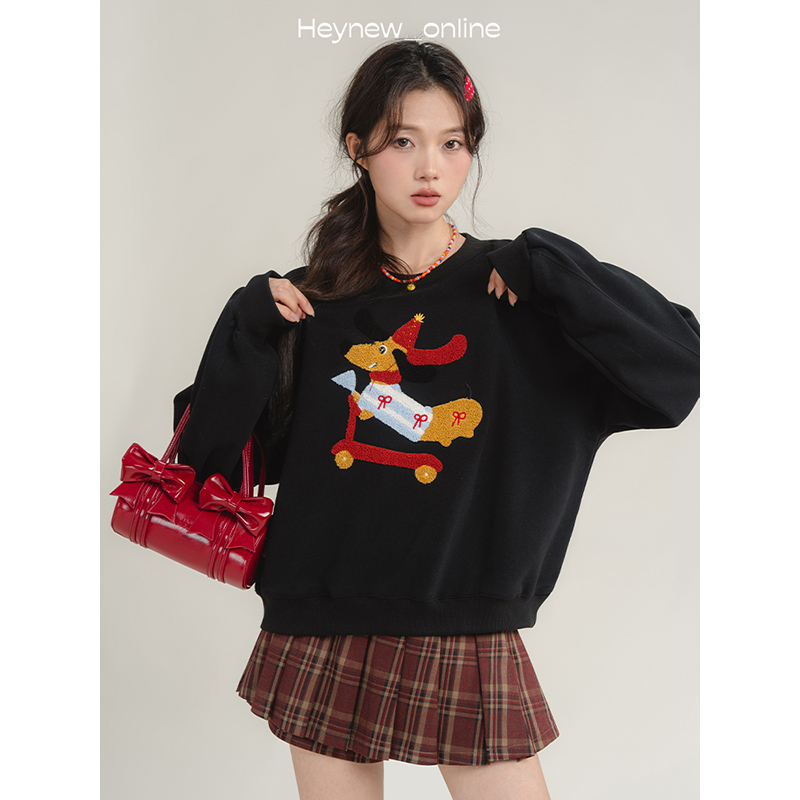 【冬季上新】黑色圆领刺绣滑板狗卫衣女秋季新款小个子宽松=4Q140
