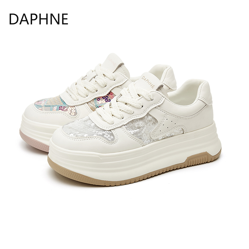 Daphne/达芙妮夏季新款网面时尚百搭真皮秋季小众厚底白鞋01358